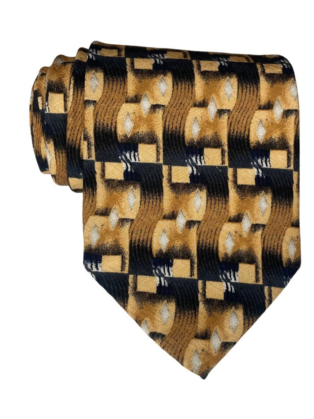 J.Z. Richards Silk Tie Gold Navy Blue Geometric Abstract Woven Hand Crafted USA